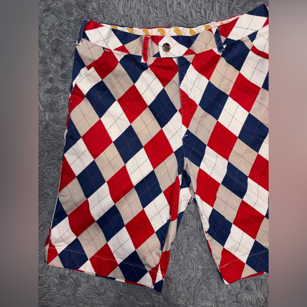 Loudmouth Men’s Golf Argyle Diamond Bermuda Flat Front Shorts 34 Red White Blue - Picture 2 of 8